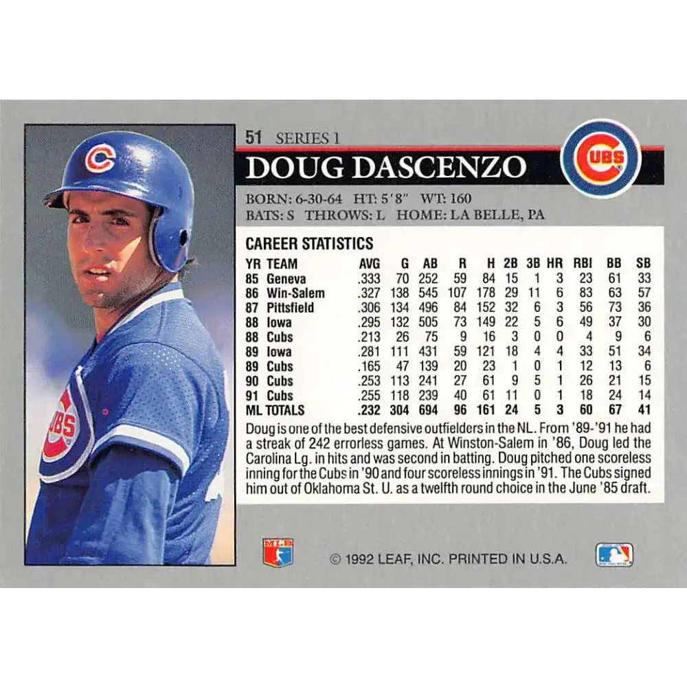 1992 Leaf #51 Doug Dascenzo NM-MT Chicago Cubs Baseball Card - Baseball Card Single