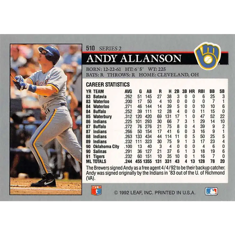 1992 Leaf #510 Andy Allanson NM-MT Milwaukee Brewers Baseball Card - Baseball Card Single