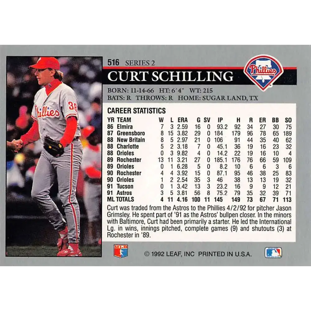 1992 Leaf #516 Curt Schilling NM-MT Philadelphia Phillies Baseball Card - Baseball Card Single
