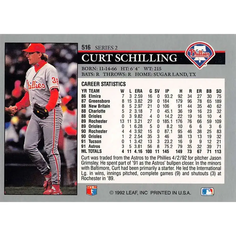 1992 Leaf #516 Curt Schilling NM-MT Philadelphia Phillies Baseball Card - Baseball Card Single