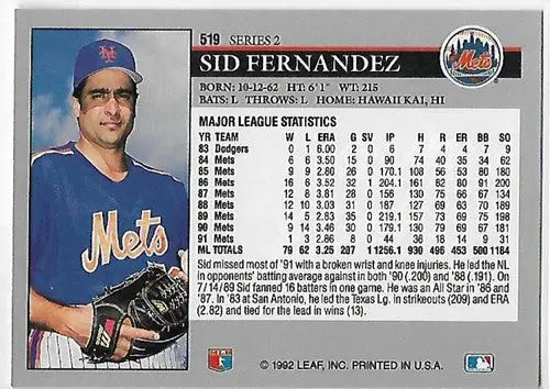 1992 Leaf #519 Sid Fernandez NM Near Mint Mets - Baseball Card Single