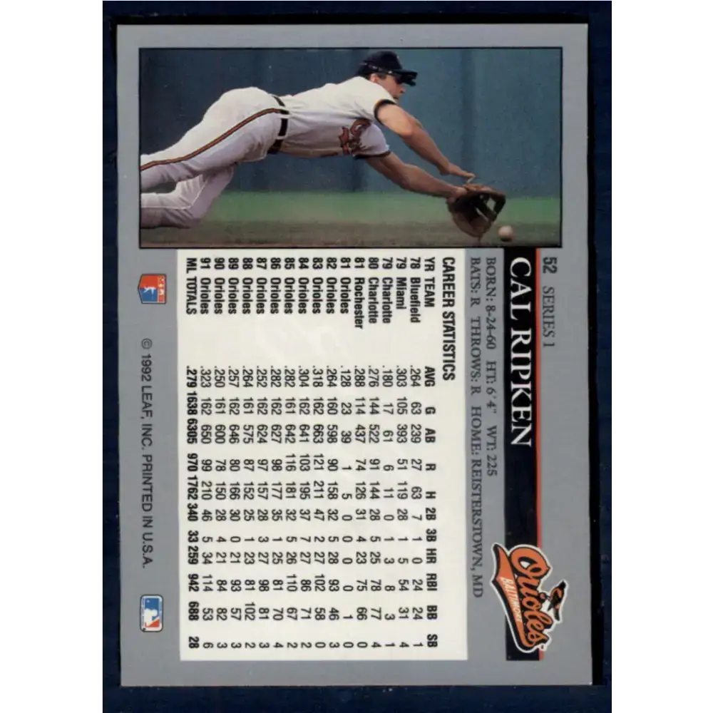 1992 Leaf #52 Cal Ripken Jr. NM-MT Baltimore Orioles Baseball Card - Baseball Card Single