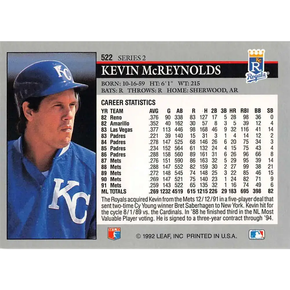 1992 Leaf #522 Kevin McReynolds NM-MT Kansas City Royals Baseball Card - Baseball Card Single