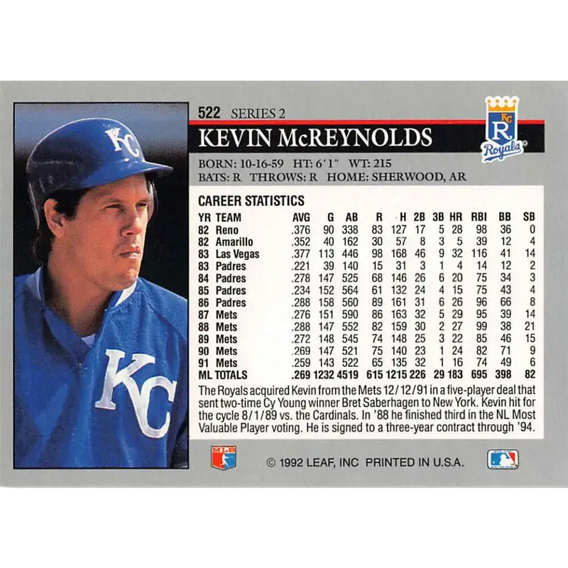 1992 Leaf #522 Kevin McReynolds NM-MT Kansas City Royals Baseball Card - Baseball Card Single