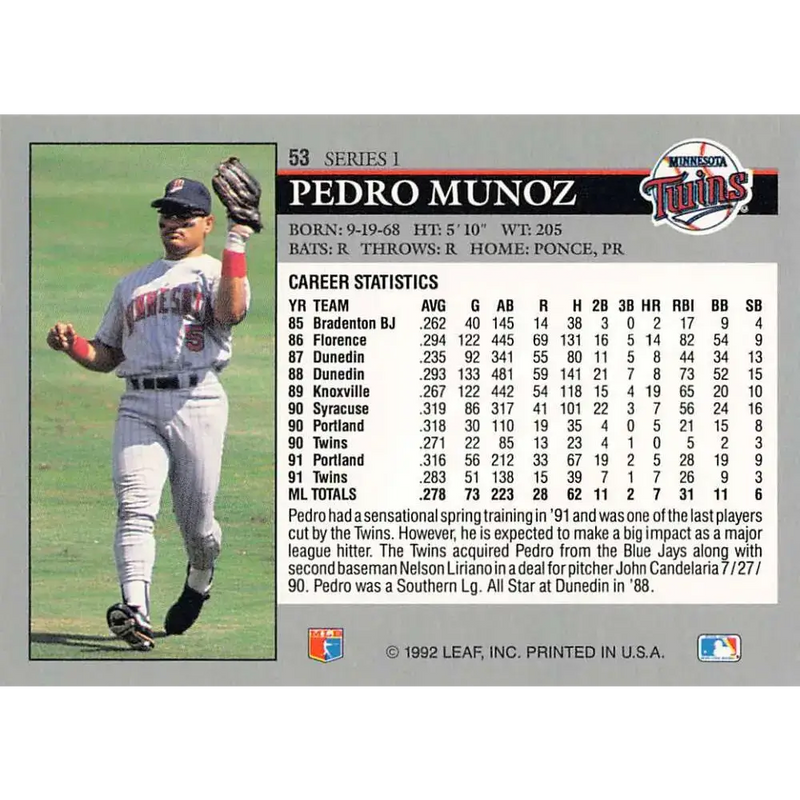 1992 Leaf #53 Pedro Munoz NM-MT Minnesota Twins Baseball Card - Baseball Card Single