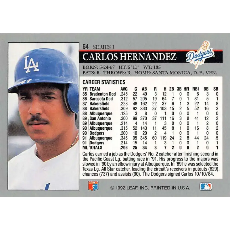 1992 Leaf #54 Carlos Hernandez NM-MT Los Angeles Dodgers Baseball Card - Baseball Card Single