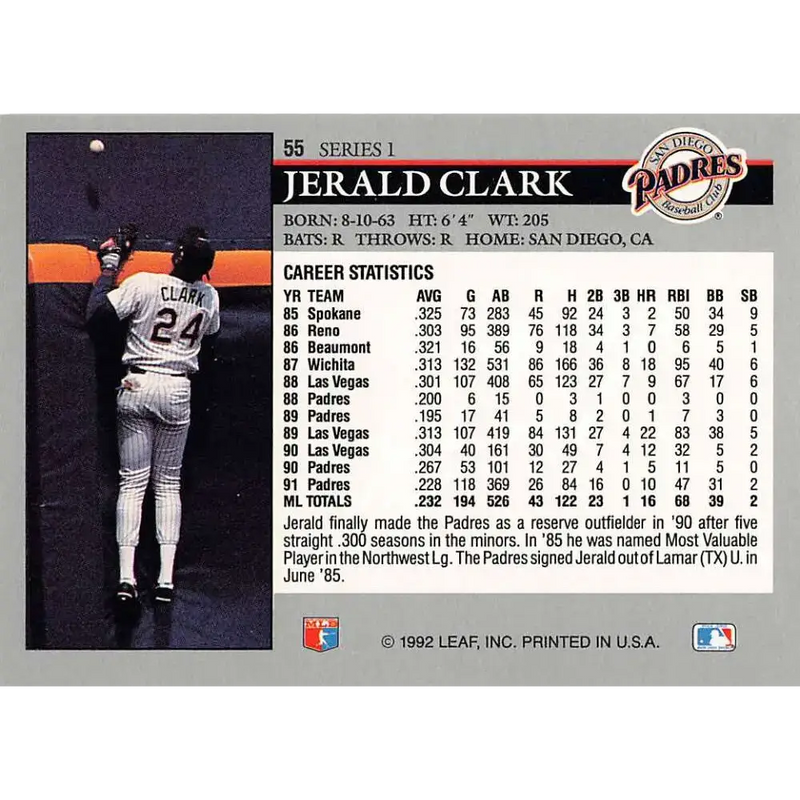 1992 Leaf #55 Jerald Clark NM-MT San Diego Padres Baseball Card - Baseball Card Single