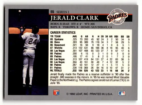1992 Leaf #55 Jerald Clark NM Near Mint Padres ID:60447 - Baseball Card Single