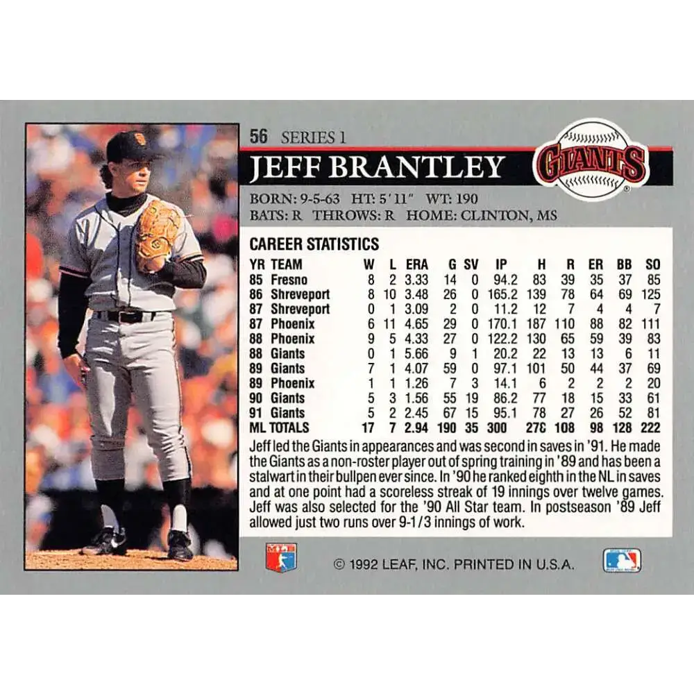 1992 Leaf #56 Jeff Brantley NM-MT San Francisco Giants Baseball Card - Baseball Card Single