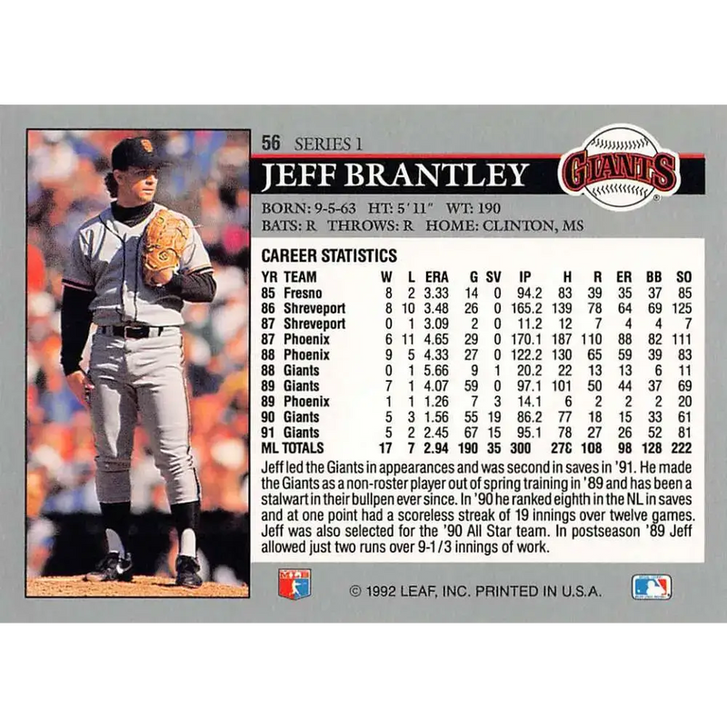 1992 Leaf #56 Jeff Brantley NM-MT San Francisco Giants Baseball Card - Baseball Card Single