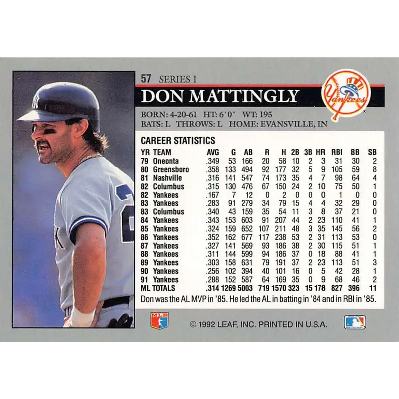 1992 Leaf #57 Don Mattingly NM-MT New York Yankees Baseball Card - Baseball Card Single