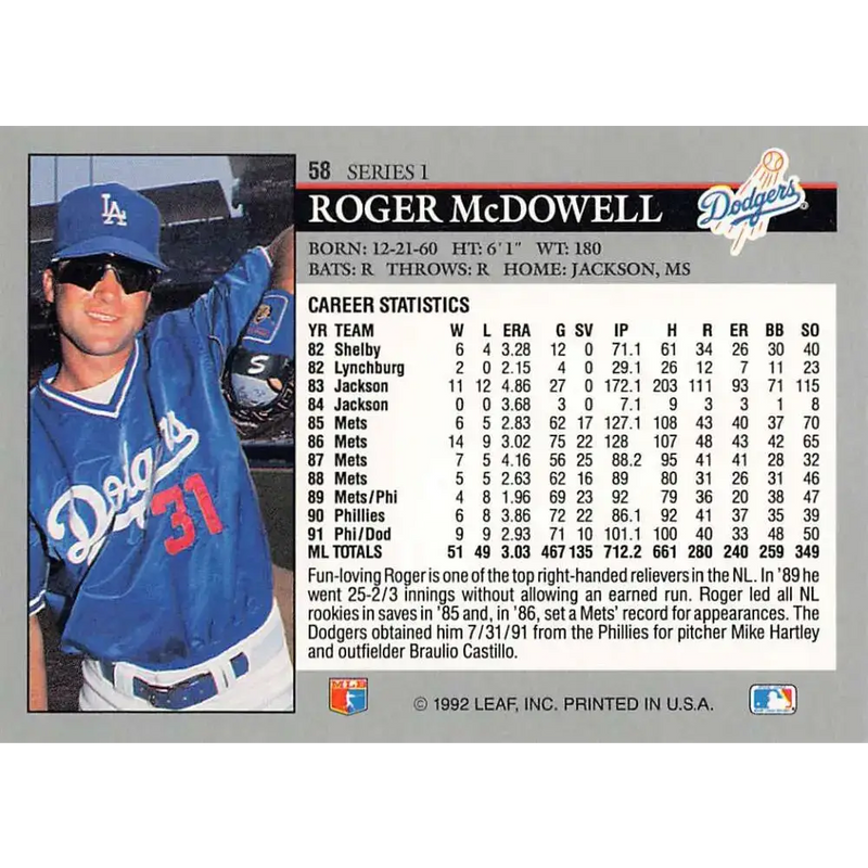 1992 Leaf #58 Roger McDowell NM-MT Los Angeles Dodgers Baseball Card - Baseball Card Single