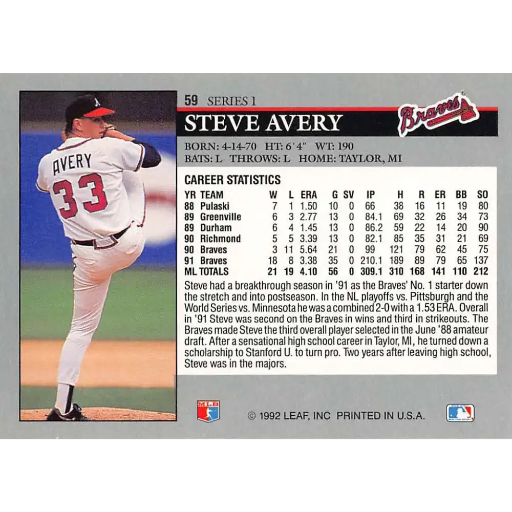 1992 Leaf #59 Steve Avery NM-MT Atlanta Braves Baseball Card - Baseball Card Single