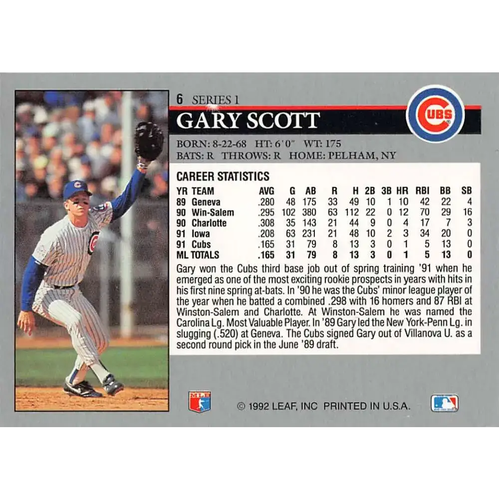 1992 Leaf #6 Gary Scott NM-MT Chicago Cubs Baseball Card - Baseball Card Single