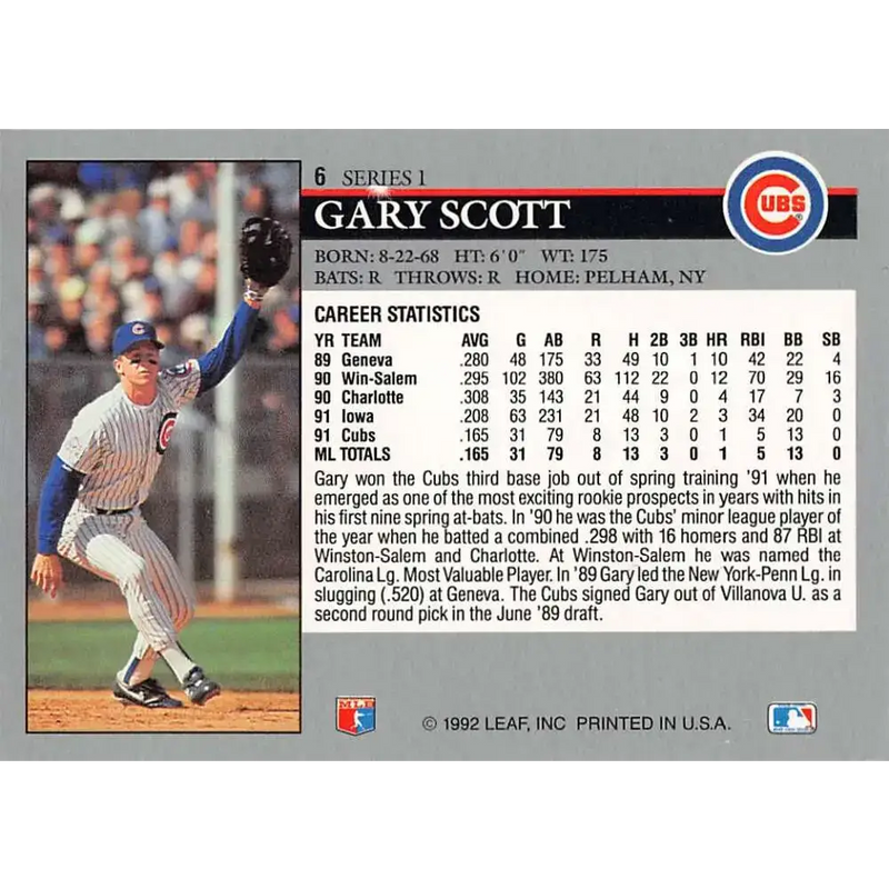 1992 Leaf #6 Gary Scott NM-MT Chicago Cubs Baseball Card - Baseball Card Single