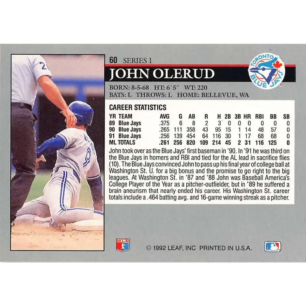 1992 Leaf #60 John Olerud NM-MT Toronto Blue Jays Baseball Card - Baseball Card Single