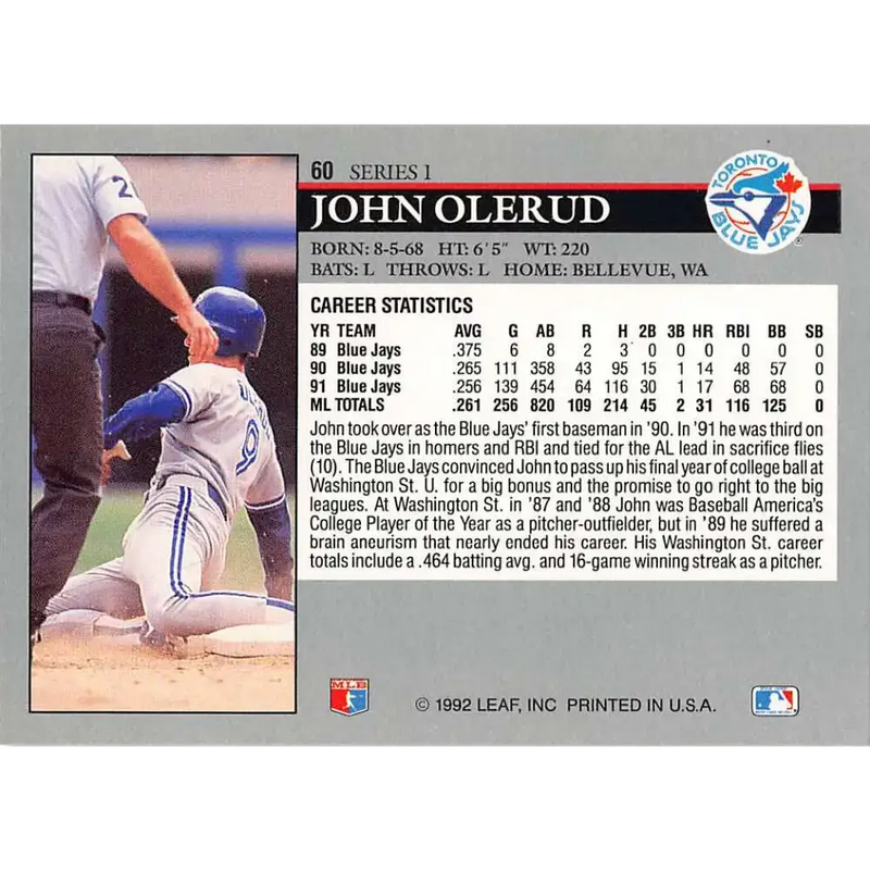 1992 Leaf #60 John Olerud NM-MT Toronto Blue Jays Baseball Card - Baseball Card Single