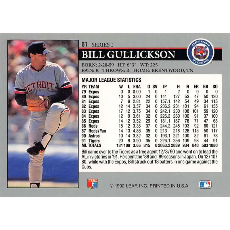1992 Leaf #61 Bill Gullickson NM-MT Detroit Tigers Baseball Card - Baseball Card Single