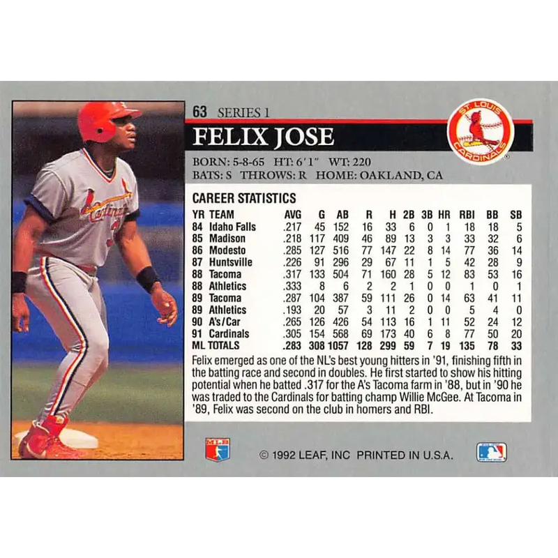 1992 Leaf #63 Felix Jose NM-MT St. Louis Cardinals Baseball Card - Baseball Card Single