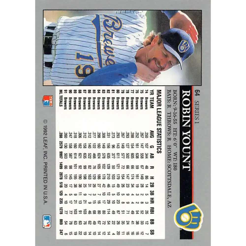1992 Leaf #64 Robin Yount NM-MT Milwaukee Brewers Baseball Card - Baseball Card Single
