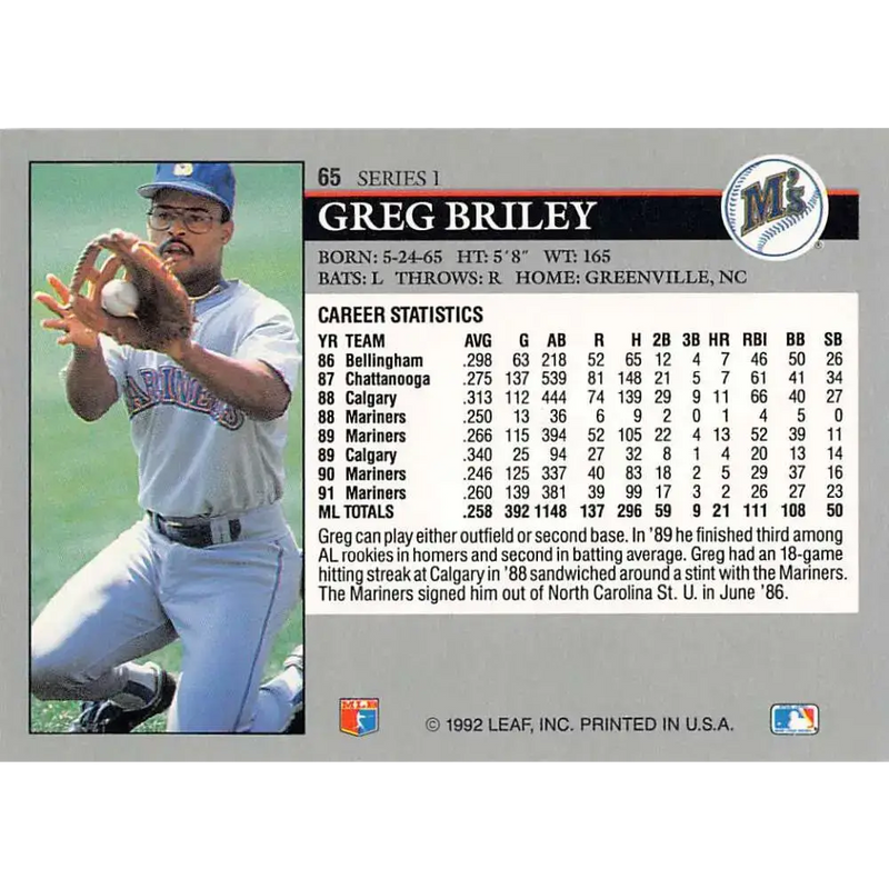 1992 Leaf #65 Greg Briley NM-MT Seattle Mariners Baseball Card - Baseball Card Single
