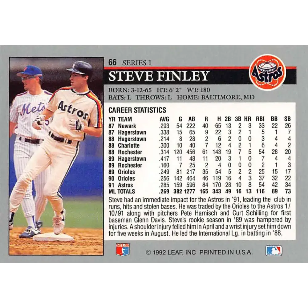 1992 Leaf #66 Steve Finley NM-MT Houston Astros Baseball Card - Baseball Card Single