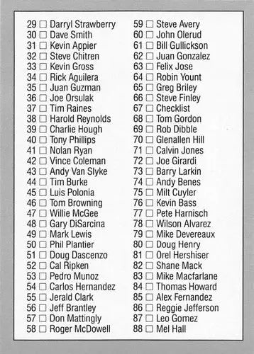 Original gloss baseball player checklist featuring Frank Thomas from 1992 Leaf #67