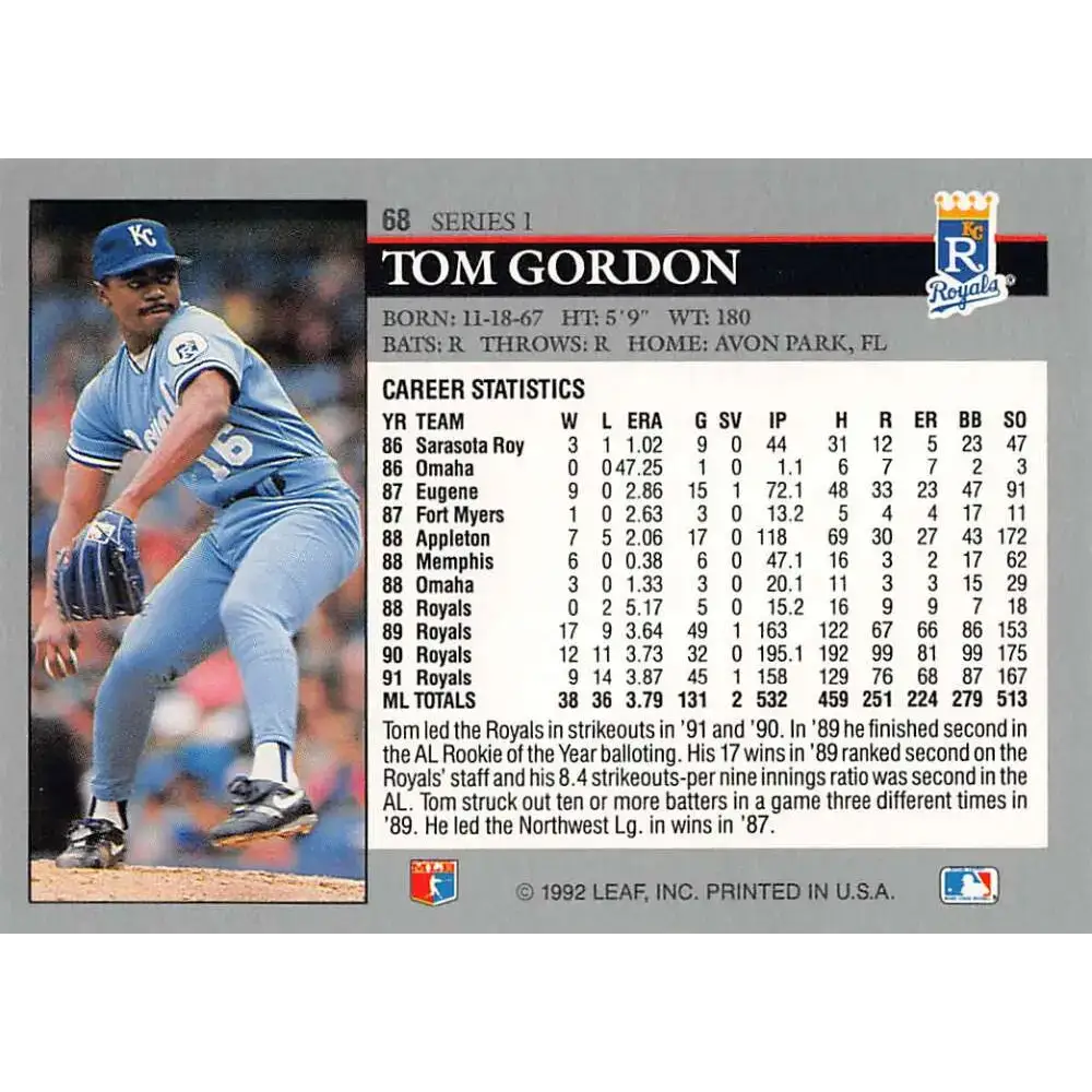 1992 Leaf #68 Tom Gordon NM-MT Kansas City Royals Baseball Card - Baseball Card Single
