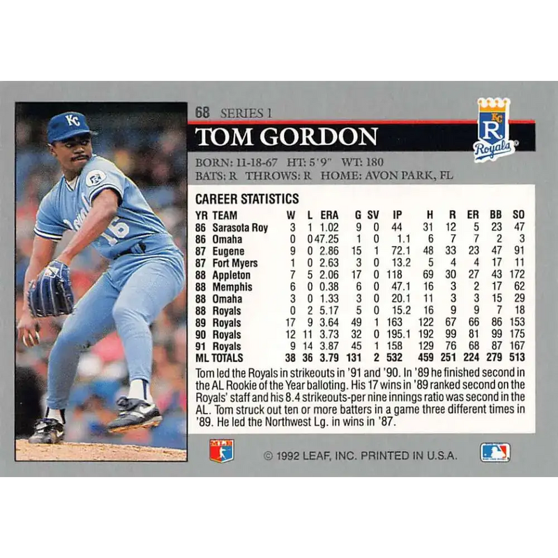 1992 Leaf #68 Tom Gordon NM-MT Kansas City Royals Baseball Card - Baseball Card Single
