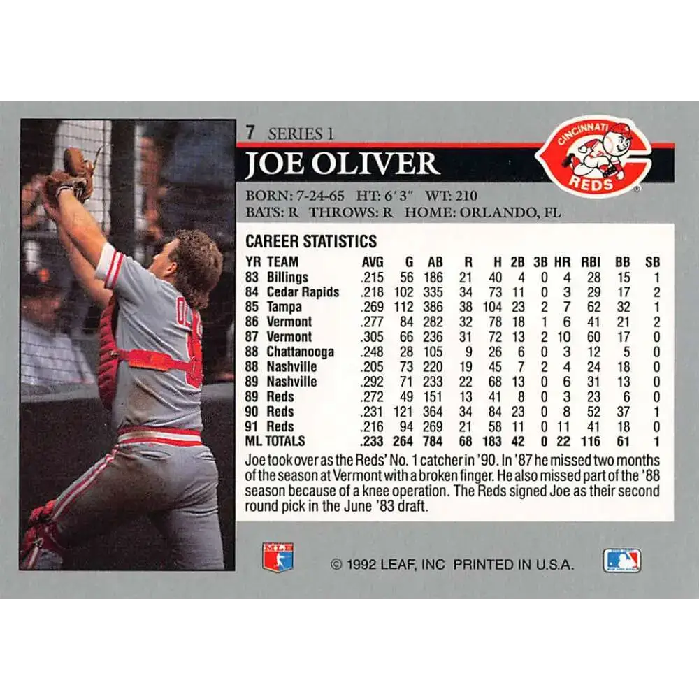 1992 Leaf #7 Joe Oliver NM-MT Cincinnati Reds Baseball Card - Baseball Card Single