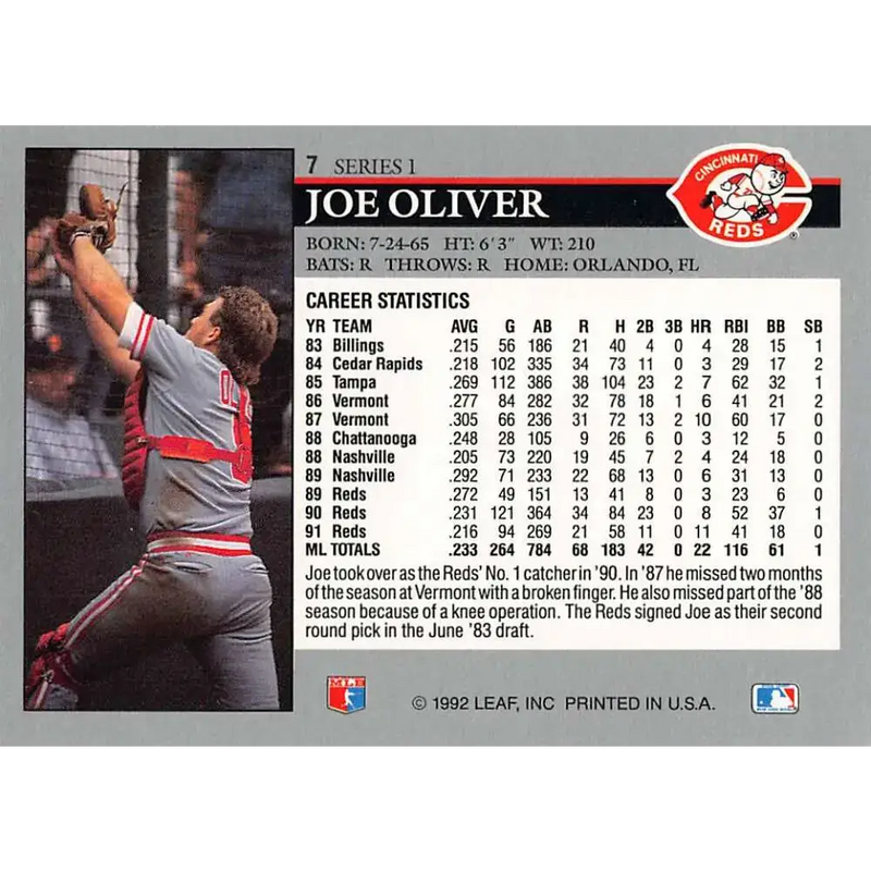 1992 Leaf #7 Joe Oliver NM-MT Cincinnati Reds Baseball Card - Baseball Card Single
