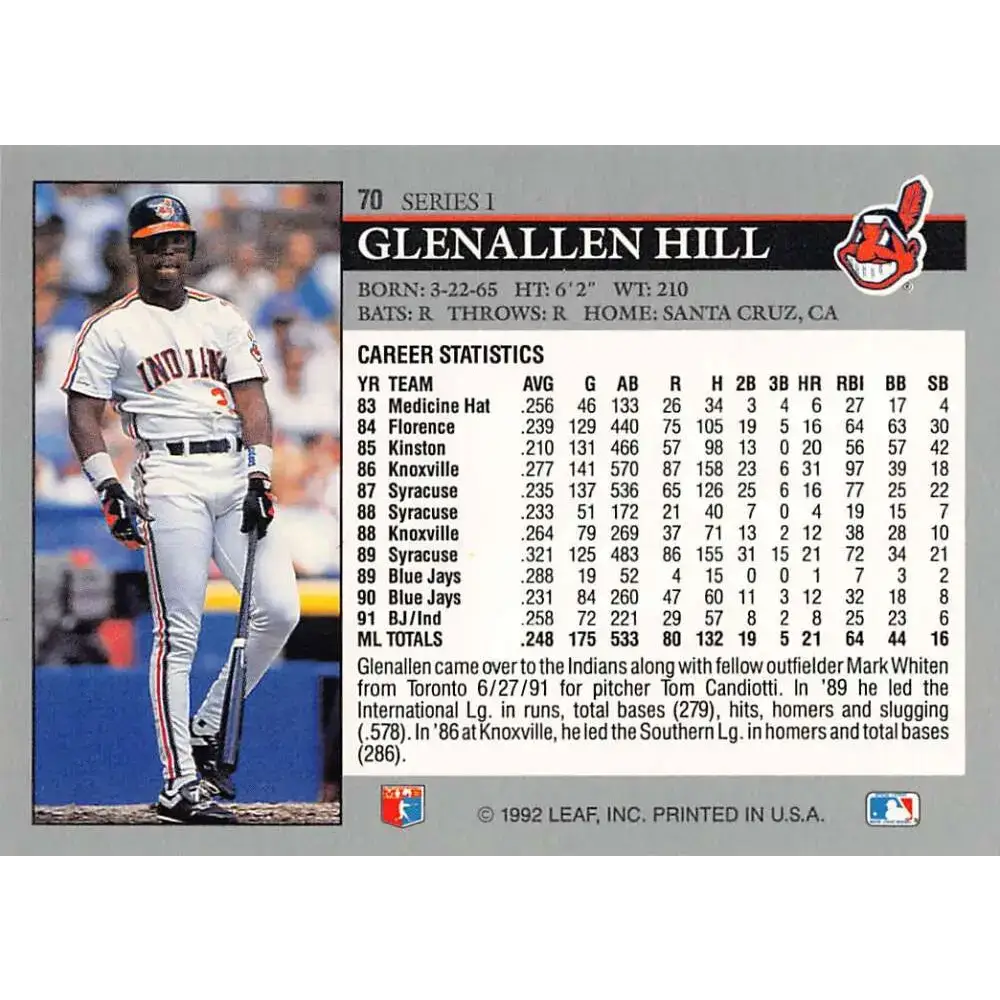 1992 Leaf #70 Glenallen Hill NM-MT Cleveland Indians Baseball Card - Baseball Card Single