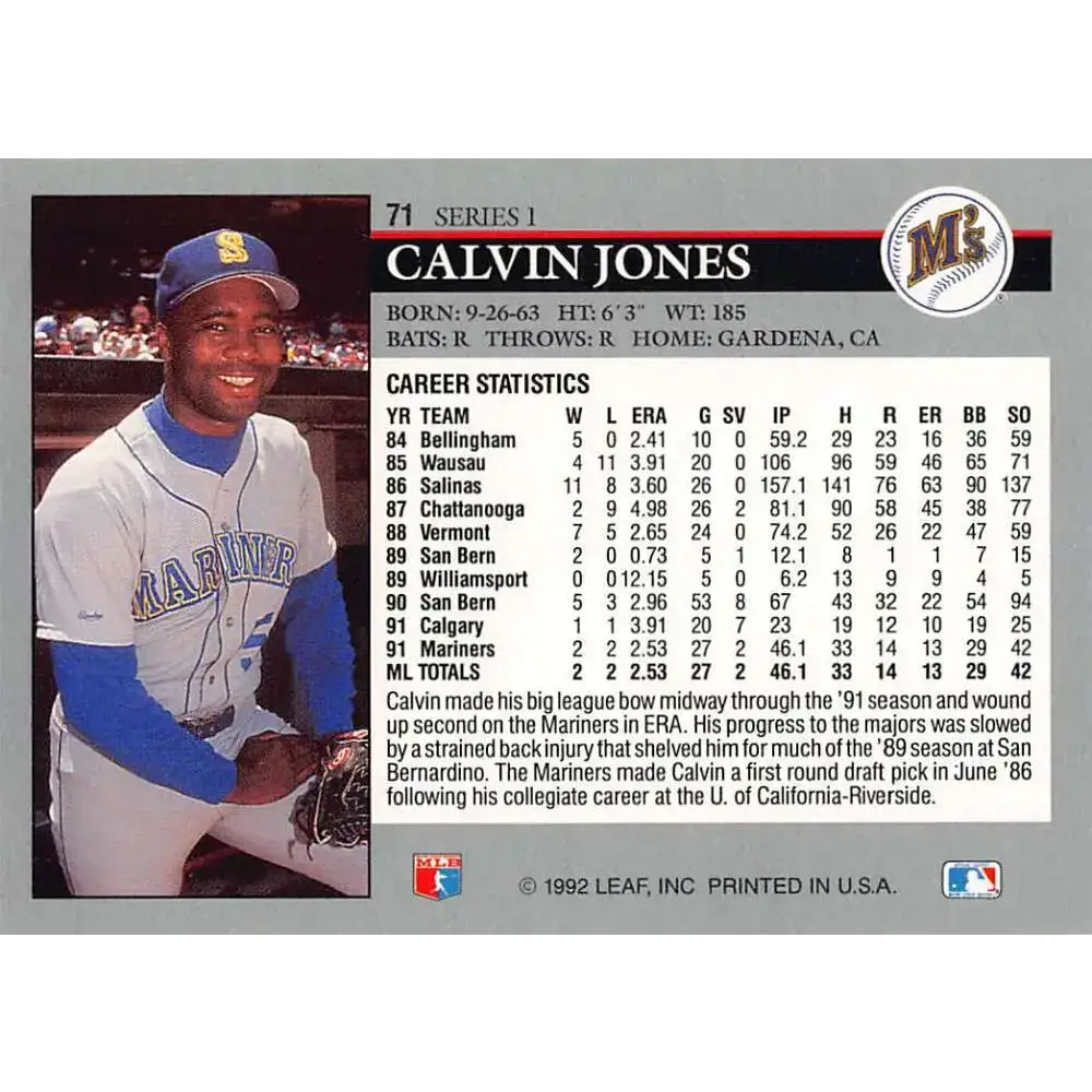 1992 Leaf #71 Calvin Jones NM-MT RC Rookie Seattle Mariners Baseball Card - Baseball Card Single