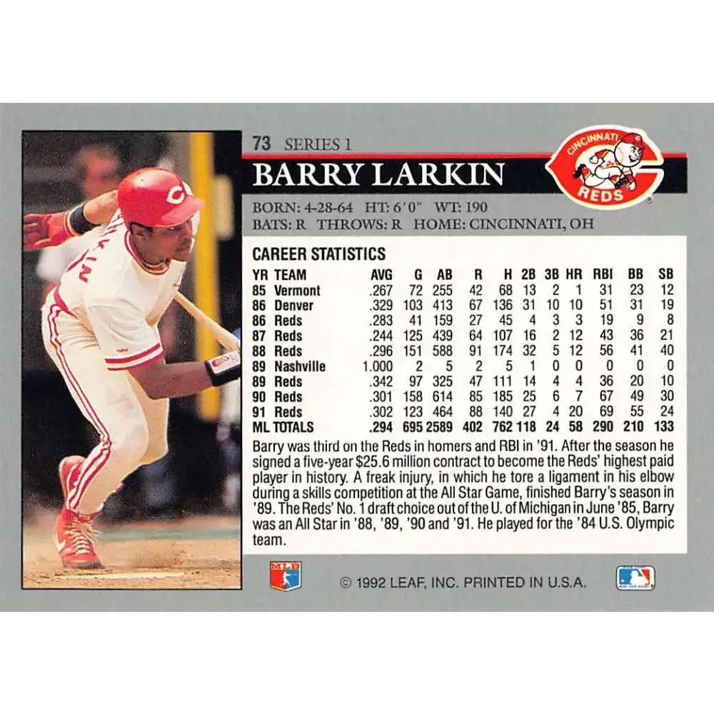1992 Leaf #73 Barry Larkin NM-MT Cincinnati Reds Baseball Card - Baseball Card Single