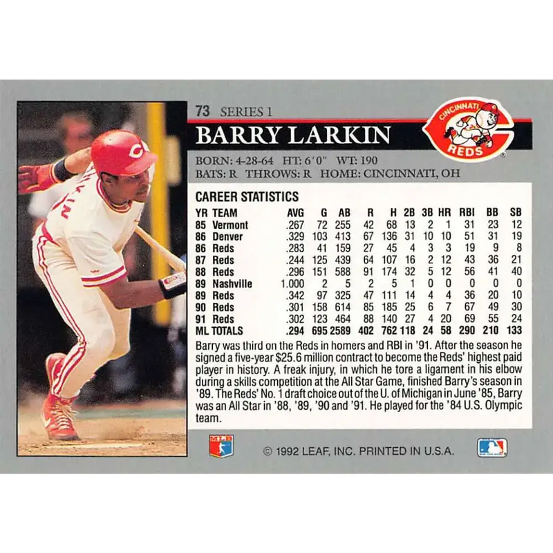 1992 Leaf #73 Barry Larkin NM-MT Cincinnati Reds Baseball Card - Baseball Card Single