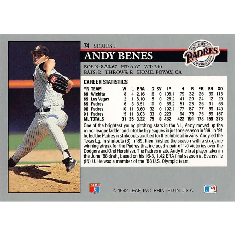 1992 Leaf #74 Andy Benes NM-MT San Diego Padres Baseball Card - Baseball Card Single