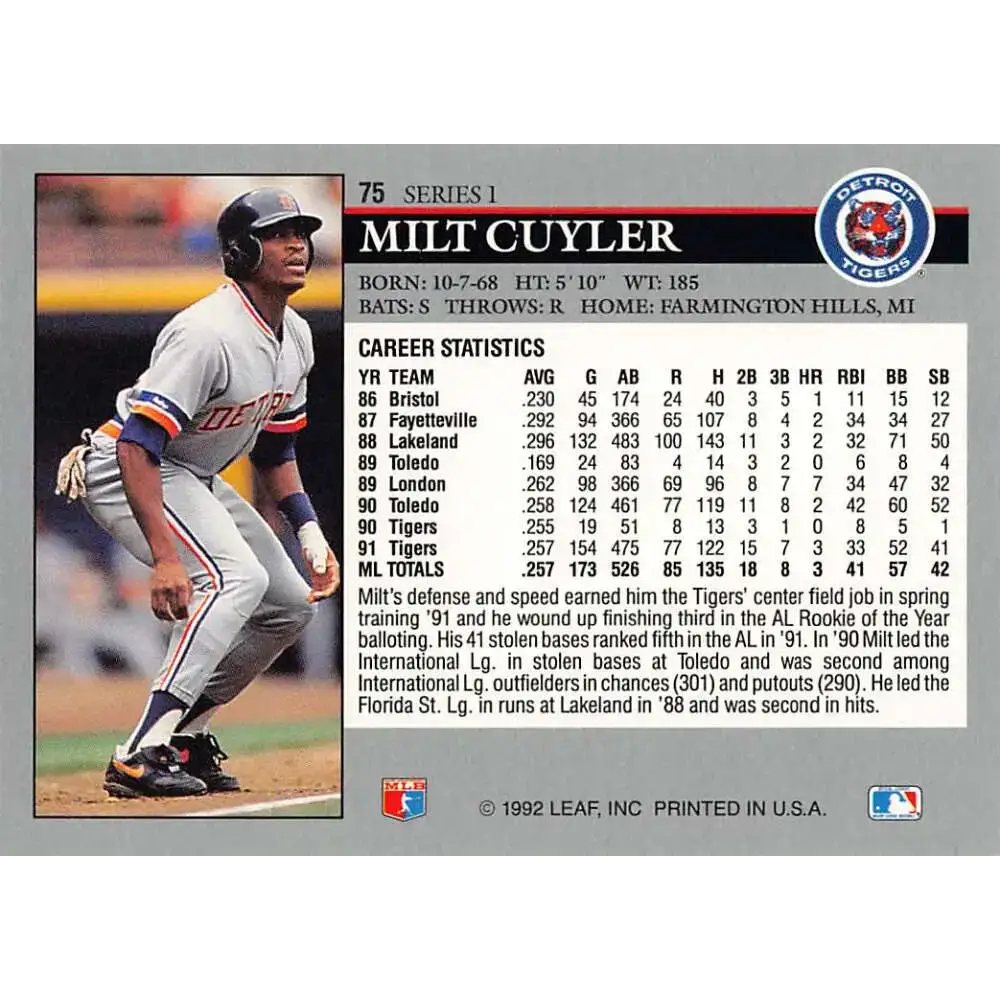 1992 Leaf #75 Milt Cuyler NM-MT Detroit Tigers Baseball Card - Baseball Card Single