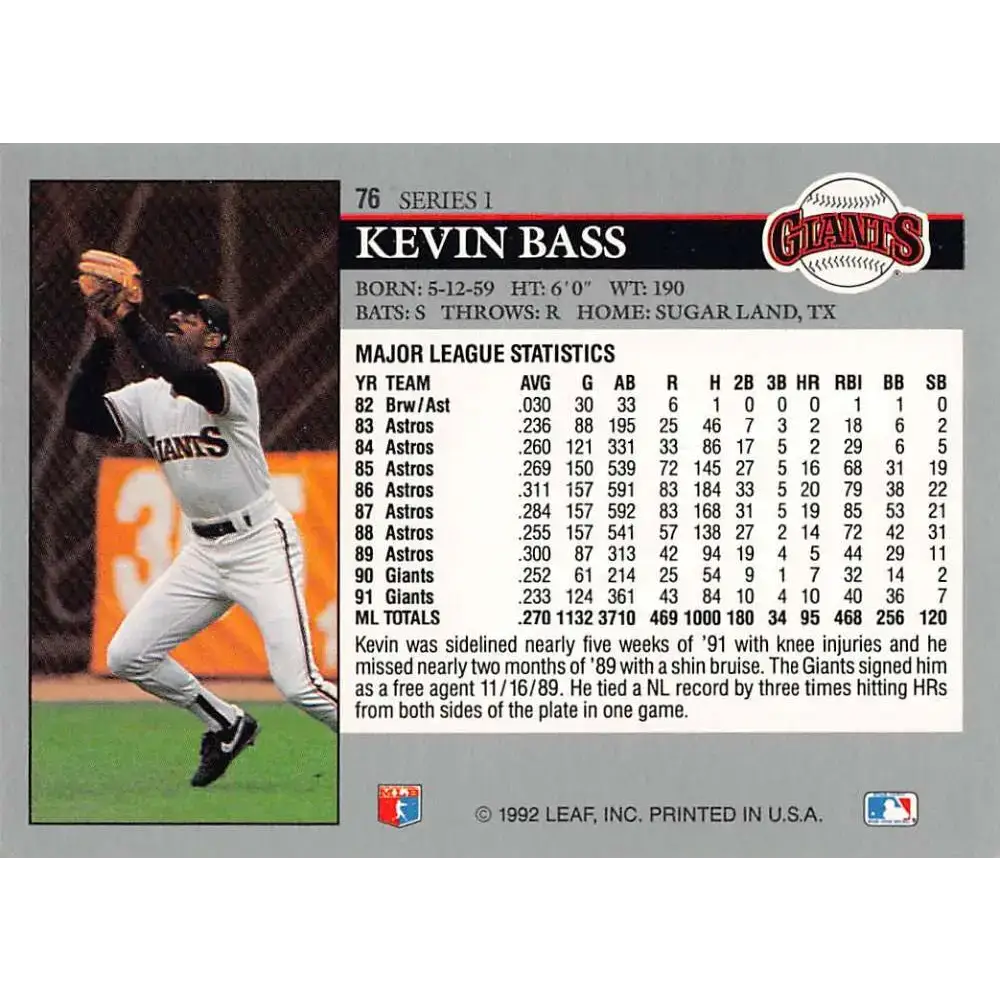 1992 Leaf #76 Kevin Bass NM-MT San Francisco Giants Baseball Card - Baseball Card Single
