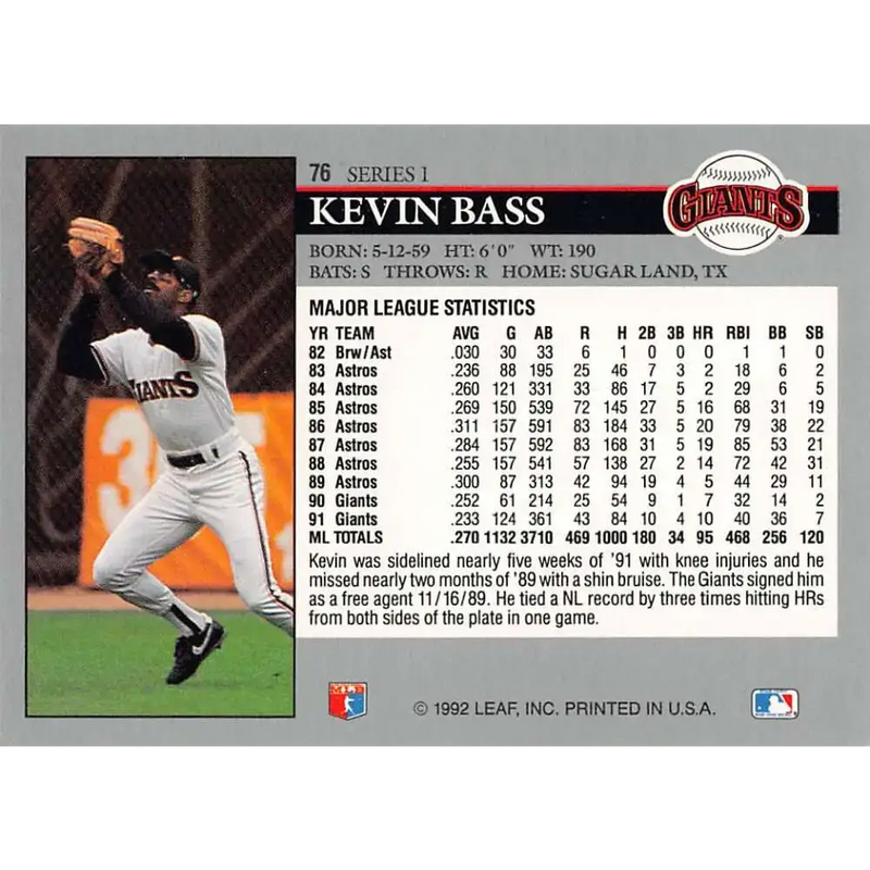 1992 Leaf #76 Kevin Bass NM-MT San Francisco Giants Baseball Card - Baseball Card Single