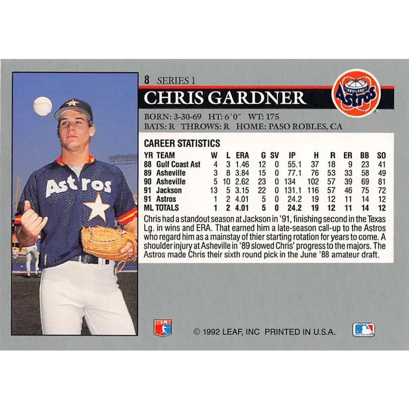 1992 Leaf #8 Chris Gardner NM-MT RC Rookie Houston Astros Baseball Card - Baseball Card Single