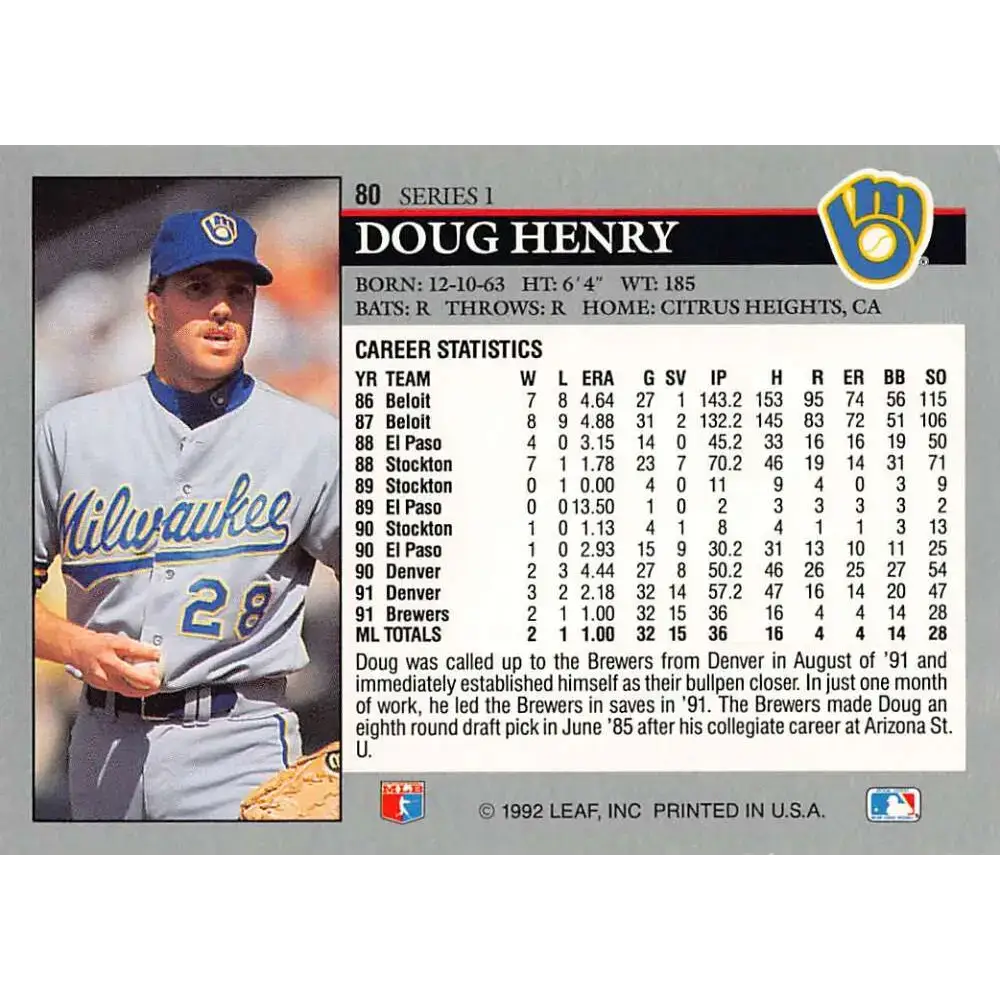 1992 Leaf #80 Doug Henry NM-MT RC Rookie Milwaukee Brewers Baseball Card - Baseball Card Single