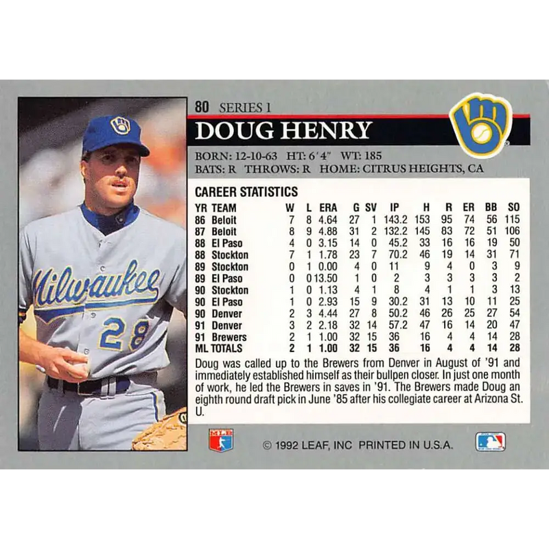 1992 Leaf #80 Doug Henry NM-MT RC Rookie Milwaukee Brewers Baseball Card - Baseball Card Single