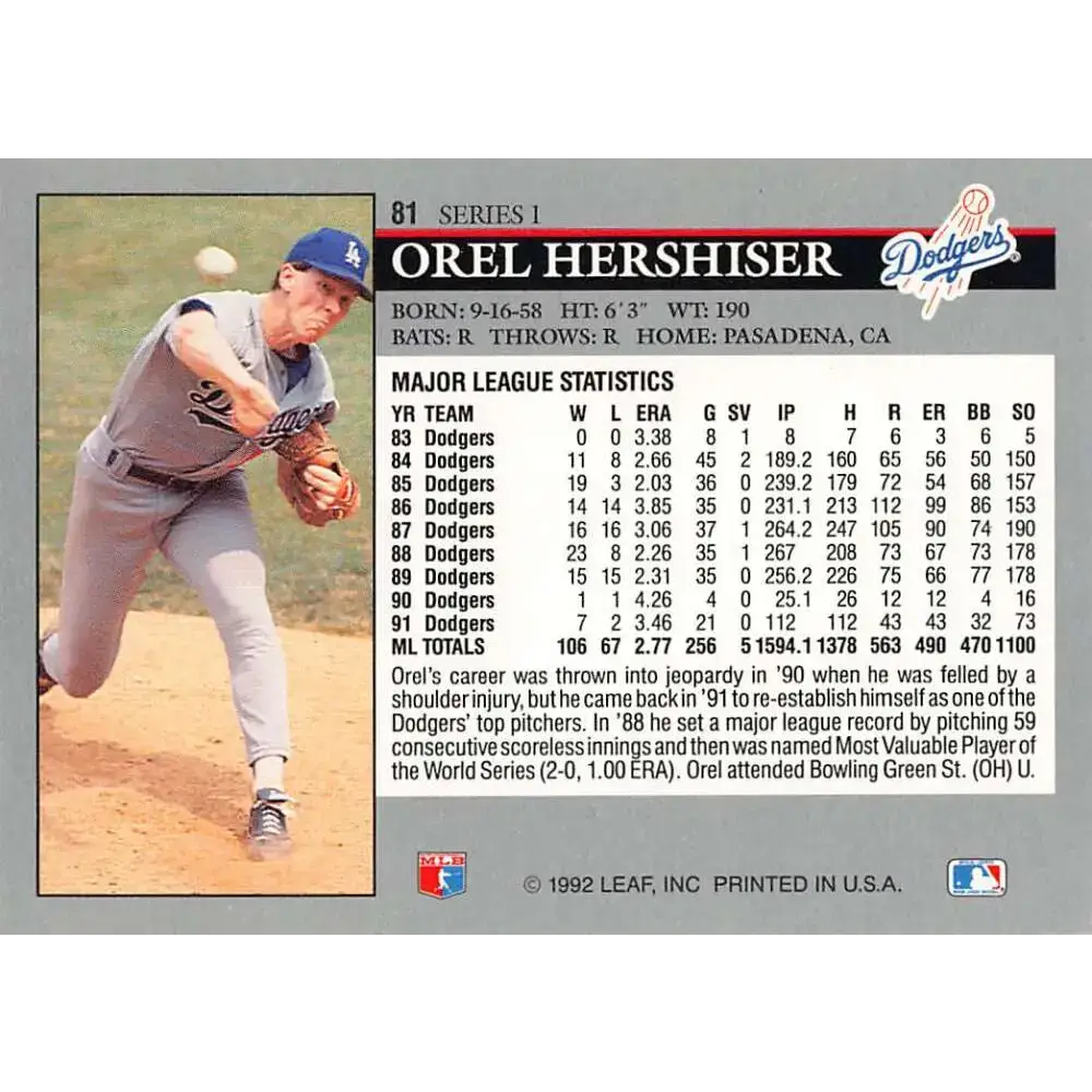 1992 Leaf #81 Orel Hershiser NM-MT Los Angeles Dodgers Baseball Card - Baseball Card Single