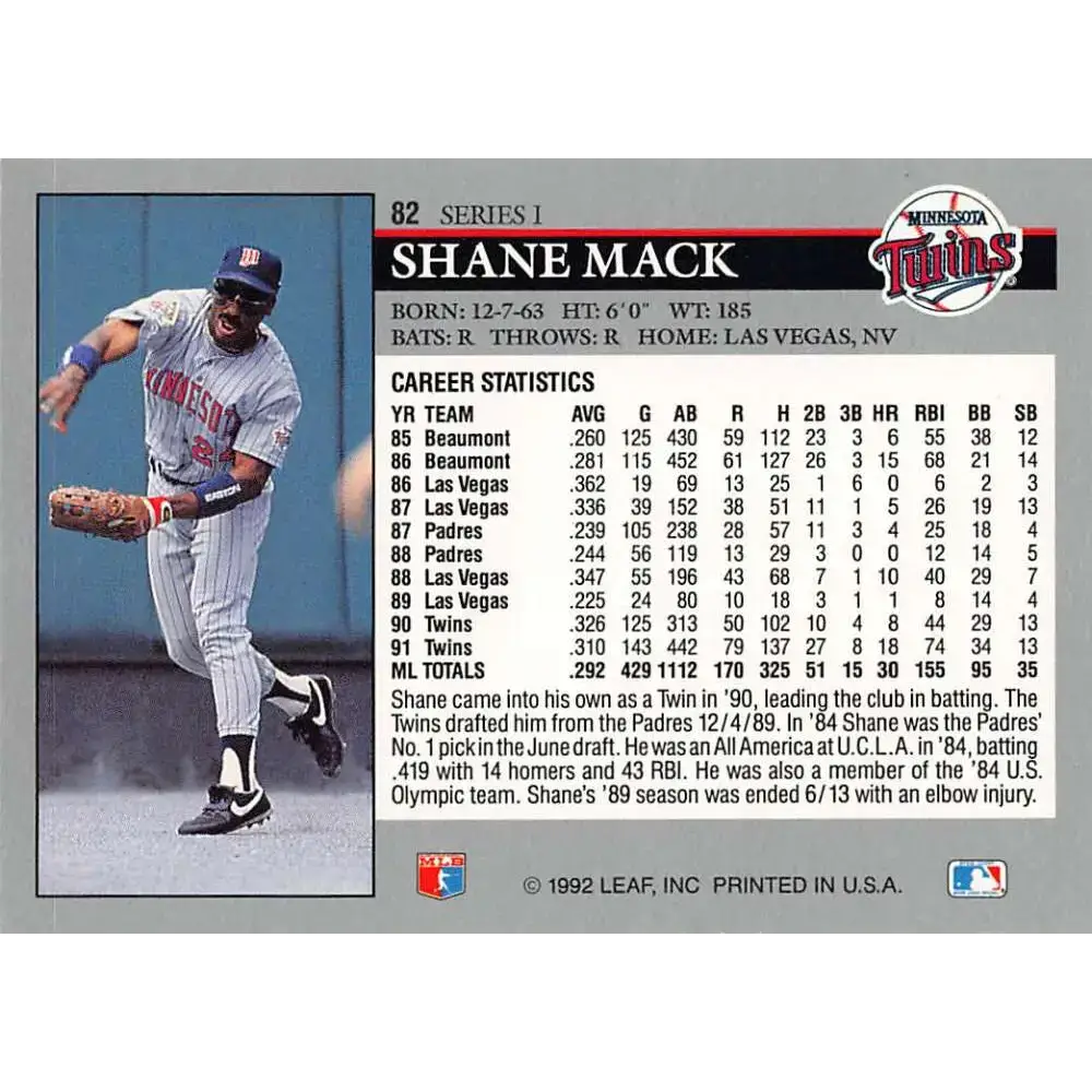 1992 Leaf #82 Shane Mack NM-MT Minnesota Twins Baseball Card - Baseball Card Single