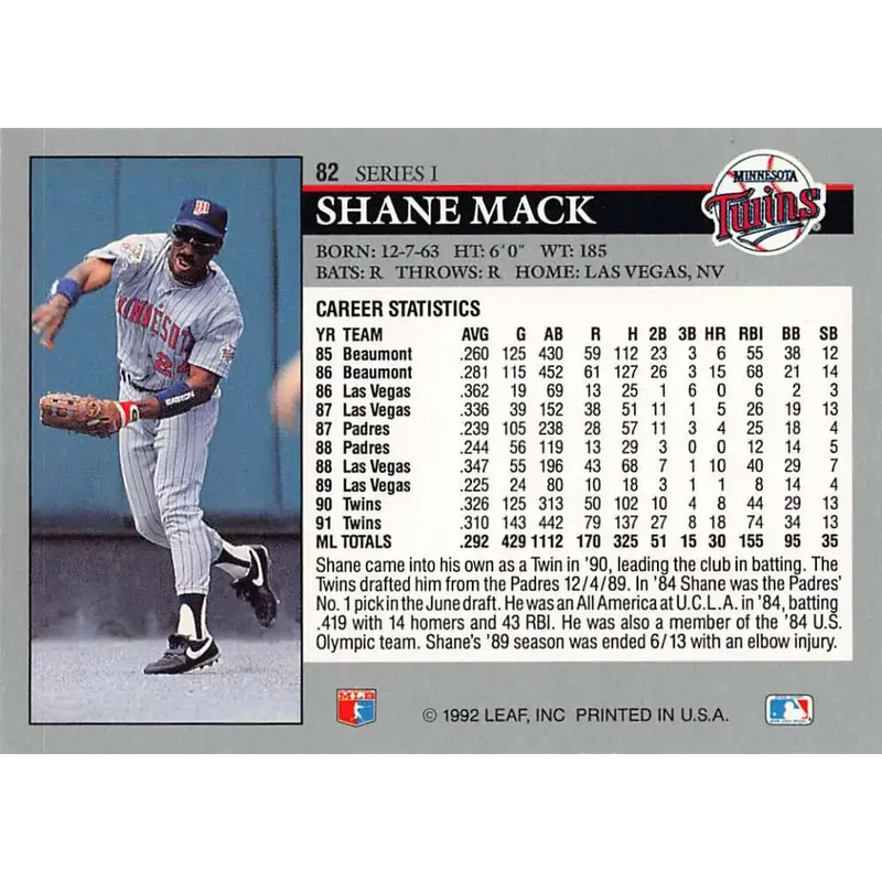 1992 Leaf #82 Shane Mack NM-MT Minnesota Twins Baseball Card - Baseball Card Single
