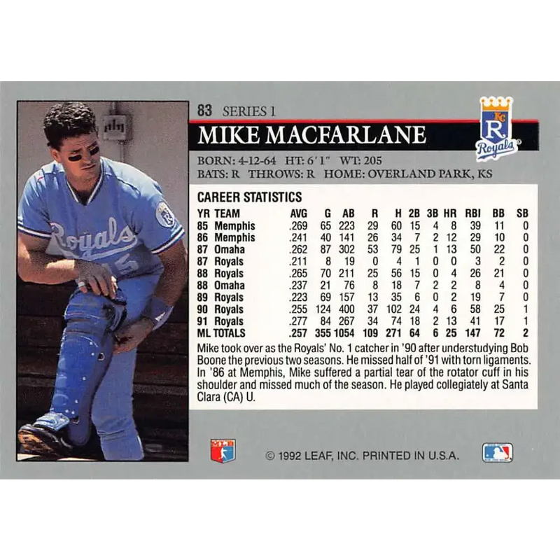 1992 Leaf #83 Mike Macfarlane NM-MT Kansas City Royals Baseball Card - Baseball Card Single