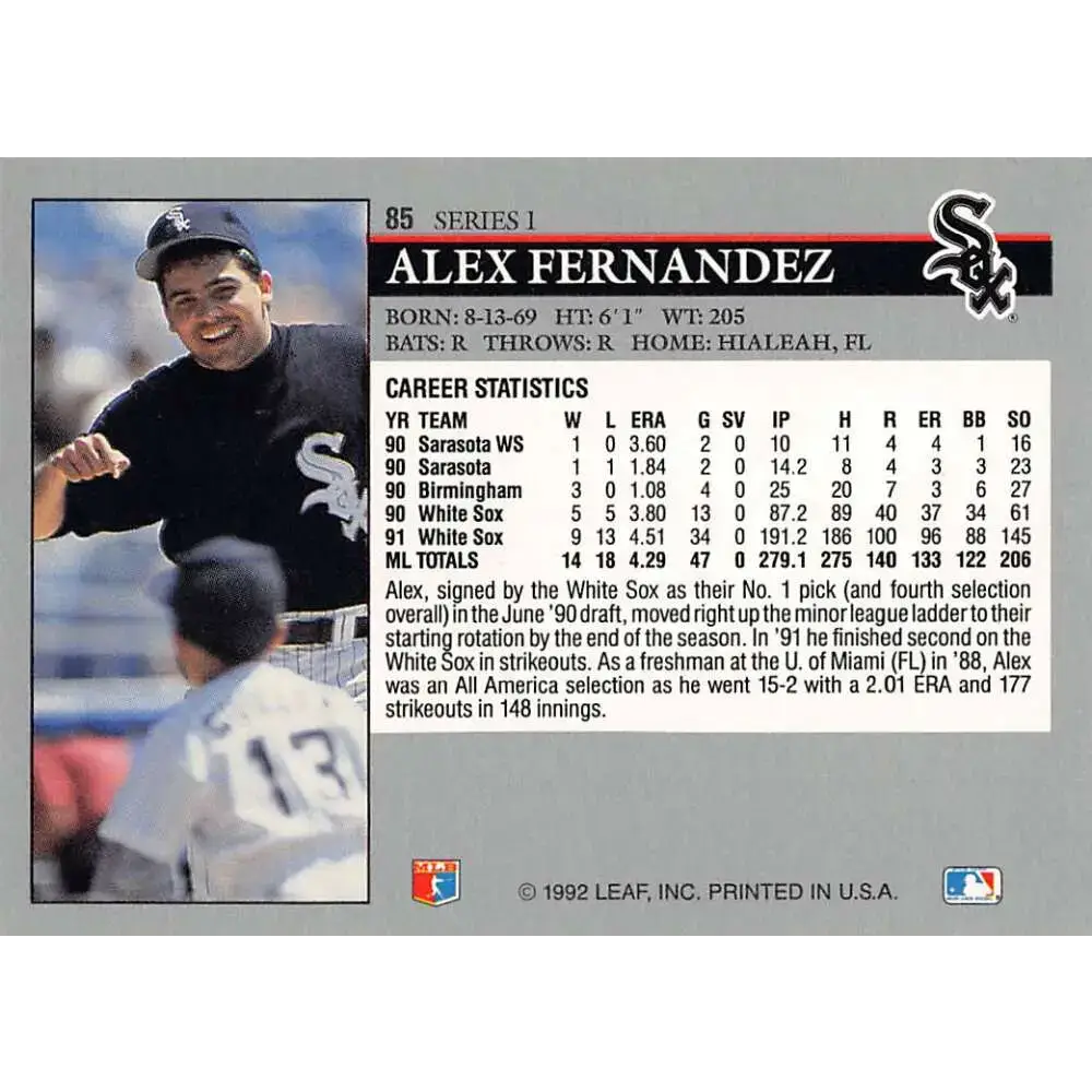 1992 Leaf #85 Alex Fernandez NM-MT Chicago White Sox Baseball Card - Baseball Card Single