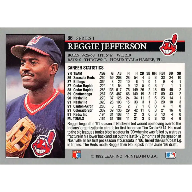 1992 Leaf #86 Reggie Jefferson NM-MT Cleveland Indians Baseball Card - Baseball Card Single