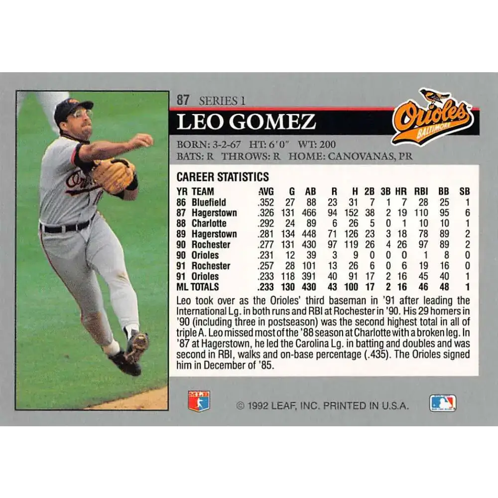 1992 Leaf #87 Leo Gomez NM-MT Baltimore Orioles Baseball Card - Baseball Card Single
