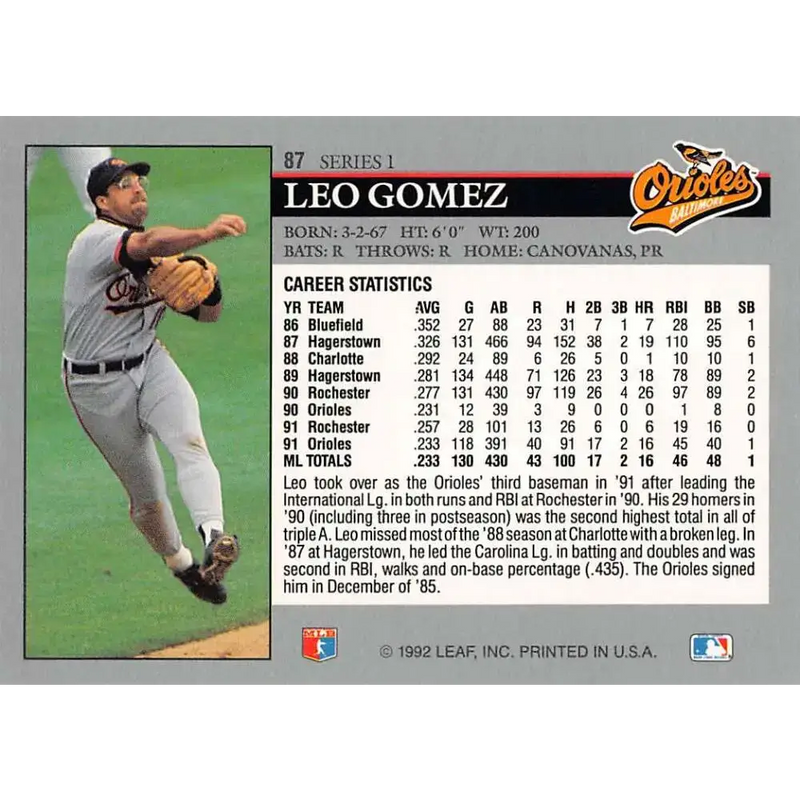 1992 Leaf #87 Leo Gomez NM-MT Baltimore Orioles Baseball Card - Baseball Card Single